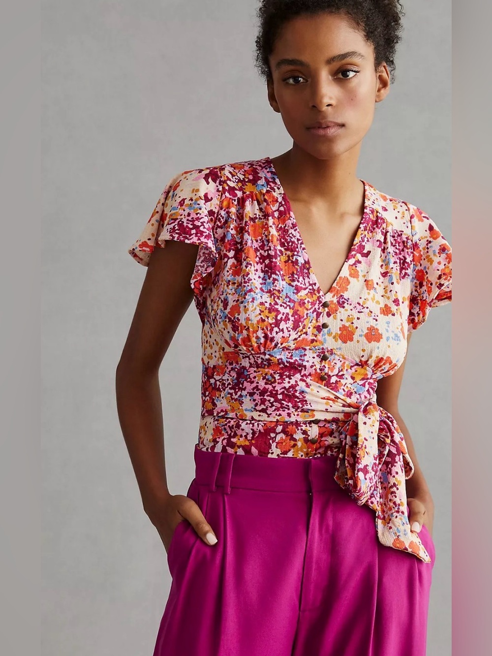 Anthropology v neck flutter sleeve top